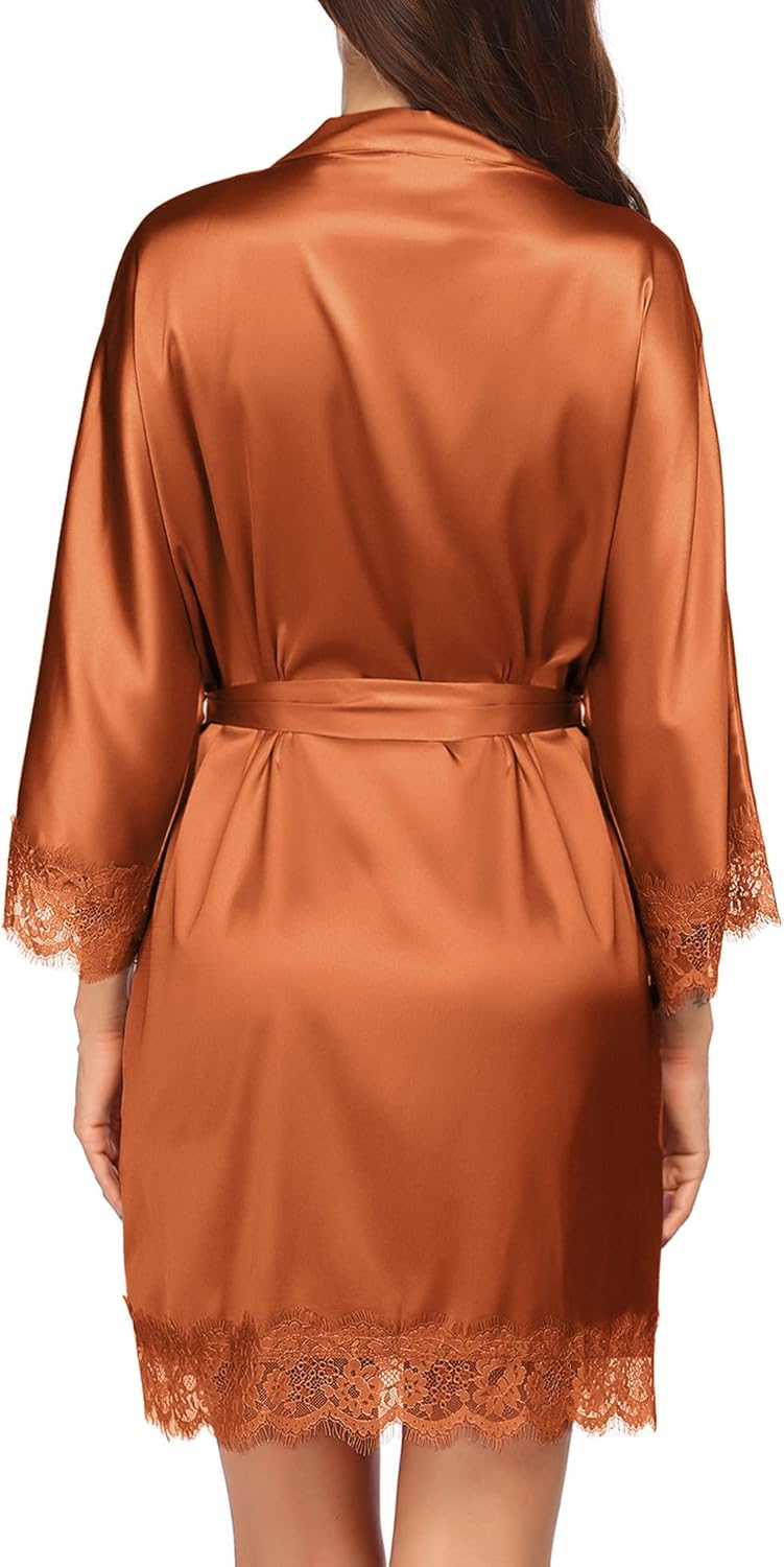 Ekouaer Womens Silk Robe Short Lace Trim Satin Robe 3/4 Sleeve Sexy Kimono Bride Bathrobe Comfy Sleepwear with Pockets - Image 4