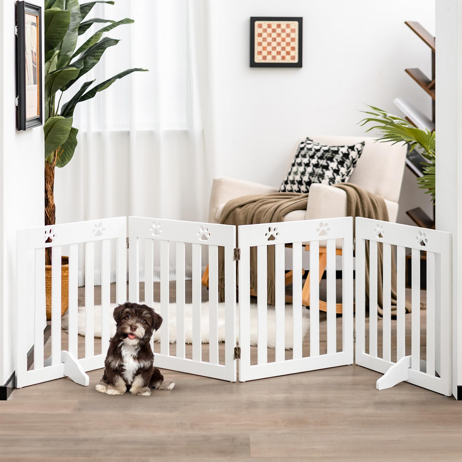 SOARS Cancelletto per Cani Pieghevoli 204 x 60 cm, Barriera per Cani in Legno a 4 Pannelli con Piedini Stabili, Recinzione per Scale, Ingressi e Corridoi (Bianco)