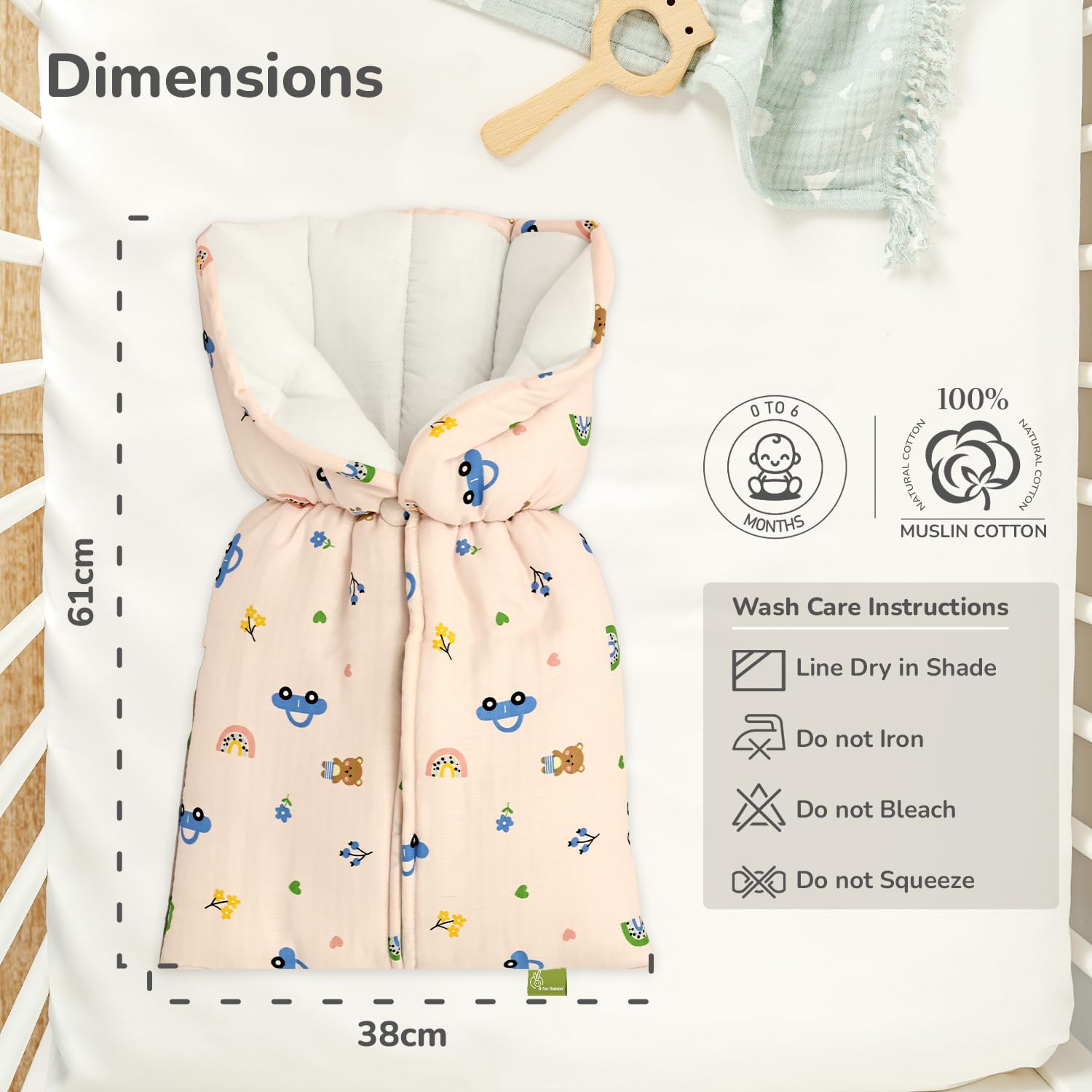 R for Rabbit Snuggy Bliss Baby Sleeping Bag Bedding Set | Premium 100% Muslin Cotton Carrying Nest for New Born Babies & Infant | Travel Friendly for 0-6 Months Baby Girl and Boy (Teddy Pink) - Image 8 thumbnail