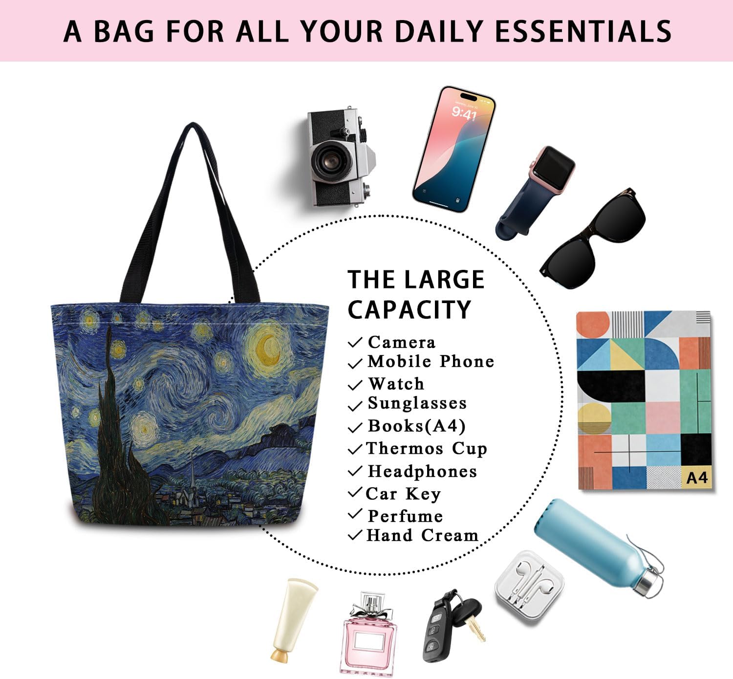 Starry Night Tote Bag Reusable Grocery Bags Cute Aesthetic Shopping Shoulder Handbag with Interior Zipper Pocket Lightweight & Washable Stylish Starry Night Present for Women