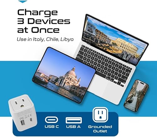 Vista 121 de Ceptics Juego de 2 adaptadores de viaje para Italia, Europa, con 2 entradas USB + enchufe de EE. UU., tipo L y tipo C, ultra compacto, conexión a