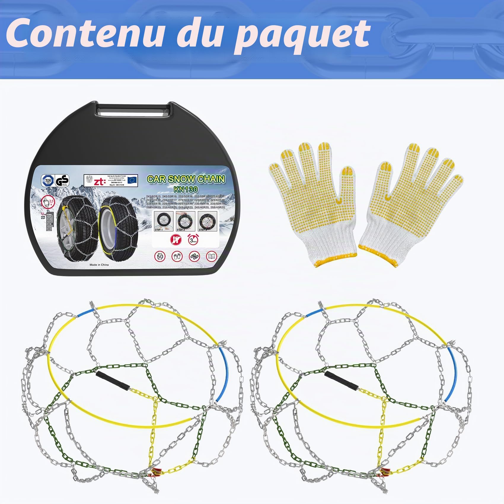 Lot de 2 Chaînes Neige en Alliage d'acier de 12 mm Avec Tendeur - Chaînes neige d'urgence Pour Voiture (taille 60)