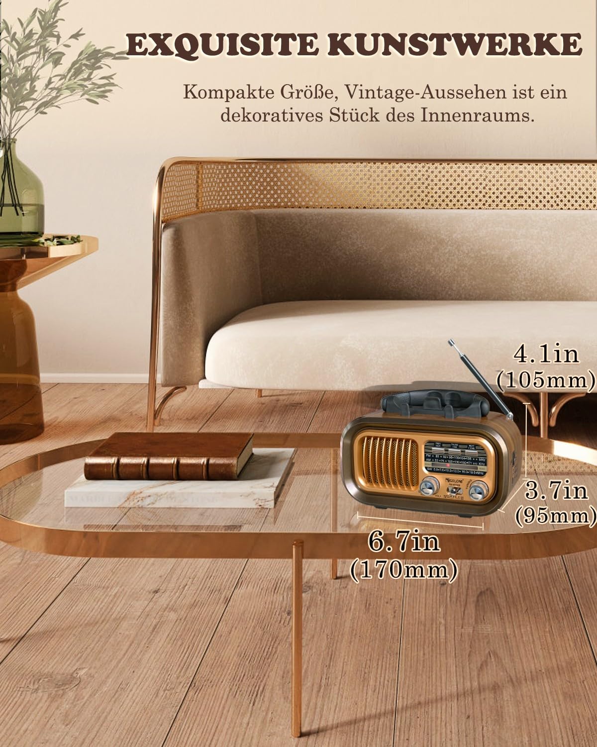 Retro Radio Klein mit Bluetooth,Tragbares AM/FM/SW Radio,Hervorragender Empfang,Nostalgie Unterstützt USB/TF-Karte Funktion,1200mAh Akku oder D-Zellen Batterien