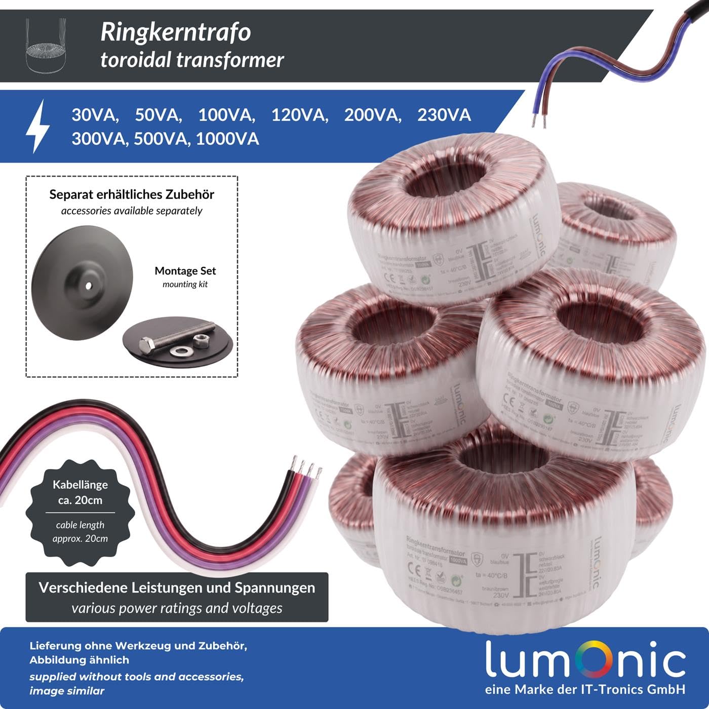 Lumonic Ringkerntrafo, 200 VA, 2x 6 V + 12 V, 230 V - Ringkerntransformator, 230 V Primär, 2x 6 V + 12 V gleichzeitig, für Verstärkerbau, Netzteile, Beleuchtung