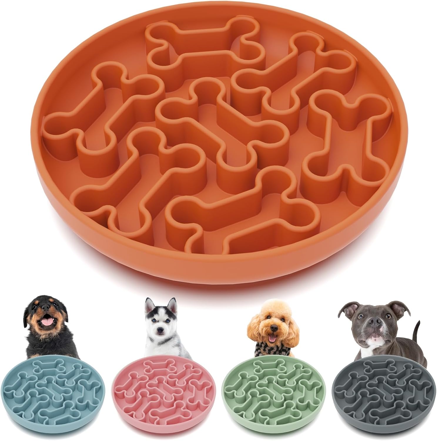AXEFUN Non-Slip Silicone Slow Feeder Dog Bowl – Orange Bone, 7.5”