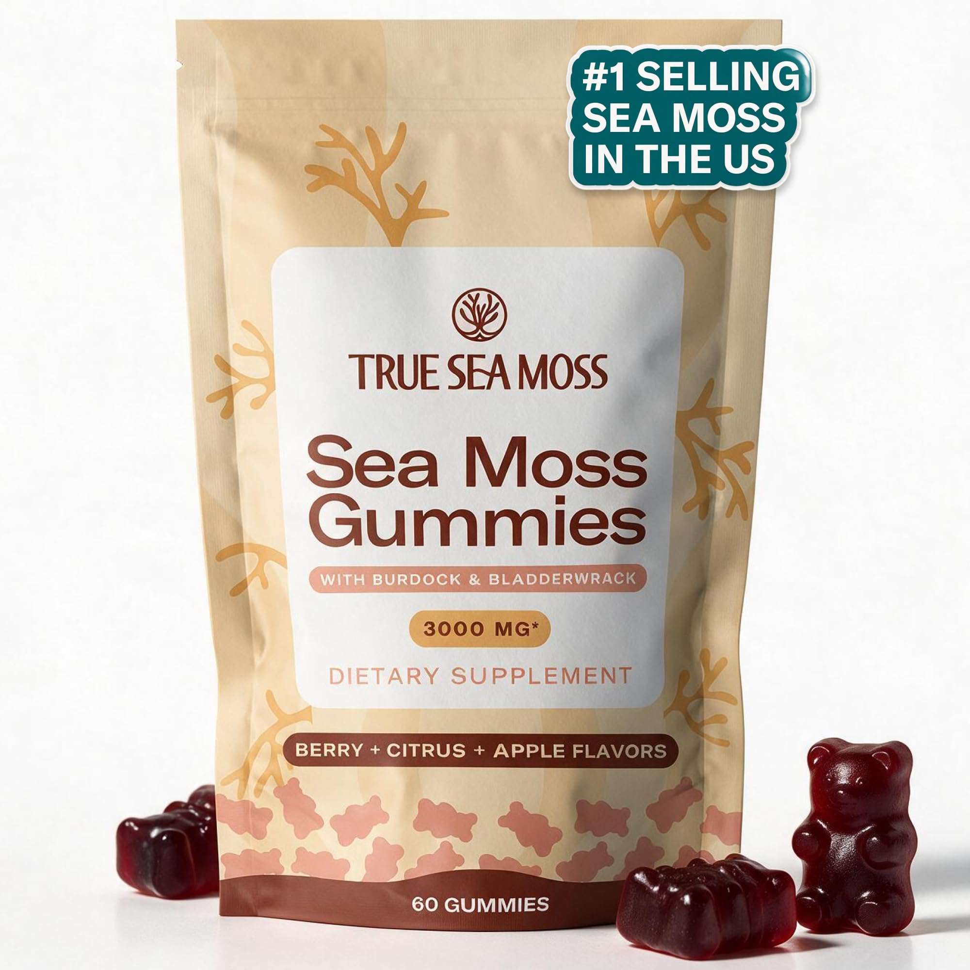 TrueSeaMoss Gummies – 3-in-1 Formula – Irish Sea Moss with Bladderwrack &amp; Burdock Root – Fruity Flavor – 60 Gummies