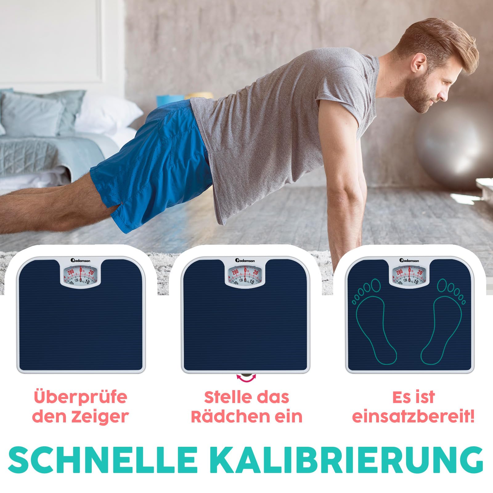 Adamson A21 Personenwaage Analog – bis zu 136 kg – Neu – Rutschfeste Gummioberfläche - Große Zahlen – Körperwaage Analog – Erschwinglich – Langlebig mit 20 Jahren Garantie - Blau