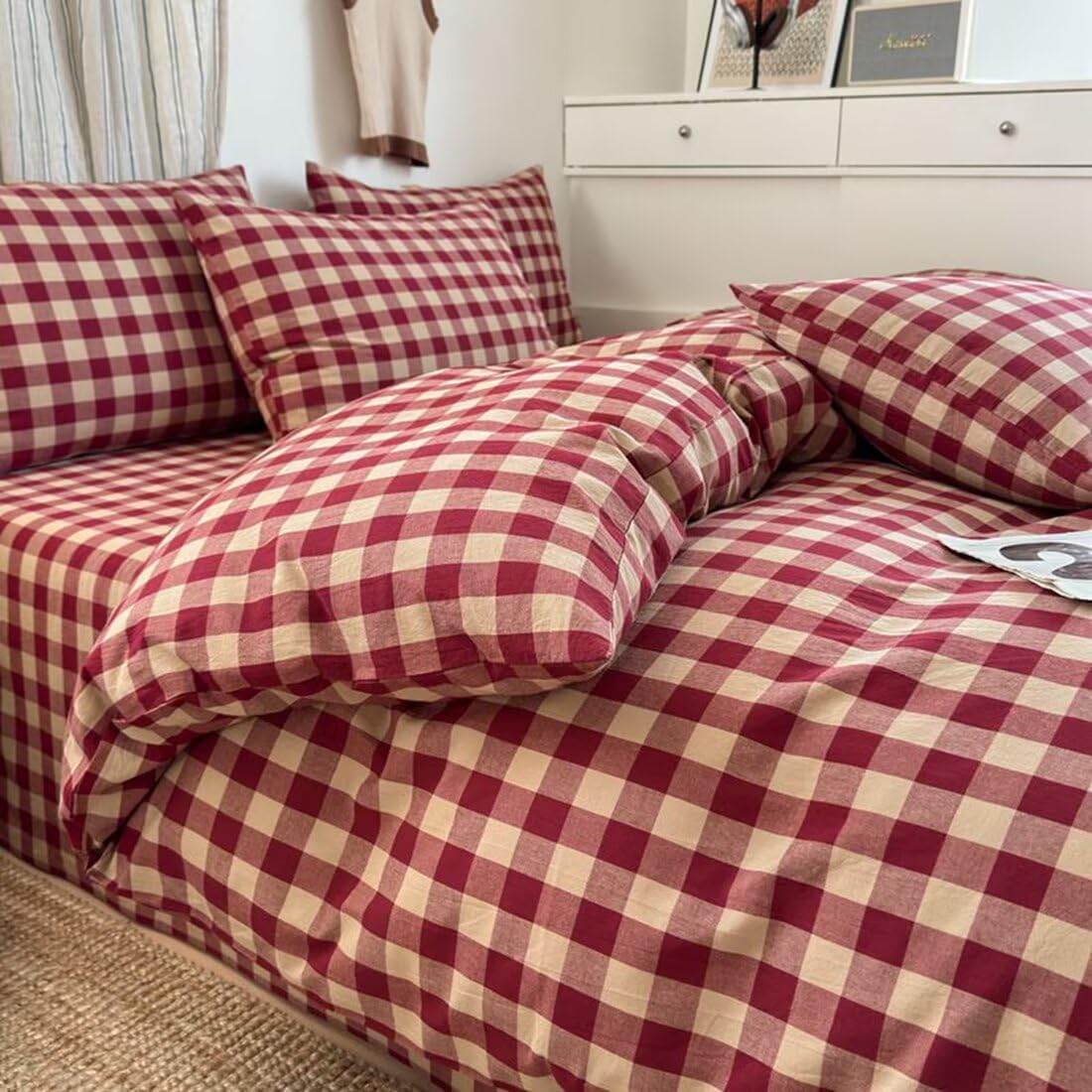 PinkMemory Red Gingham Duvet Cover Set Queen 100% Washed Cotton Beige Plaid Checkered Duvet Cover Full 3pcs Modern Grid Gingham Bedding Set with Zipper Closure Ultra Soft Breathable - Image 3