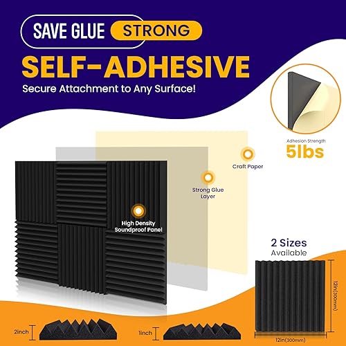 Miniatura 4 de Paquete de 12 paneles de espuma a prueba de sonido para paredes, paneles acústicos de 2 x 12 x 12 pulgadas que absorben el sonido, paneles de pared