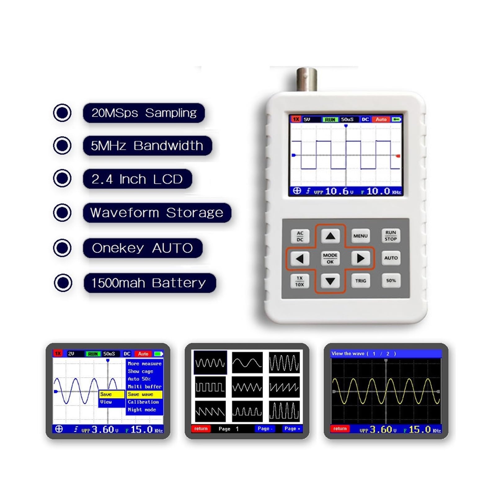 Mini oscilloscope numérique portable portable bande passante 5M taux d'échantillonnage 20MSps