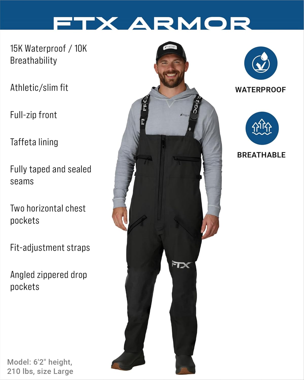 FROGG TOGGS Men's FTX Armor Premium Waterproof Rain, Fishing Bibs, Ocean Blue, Small