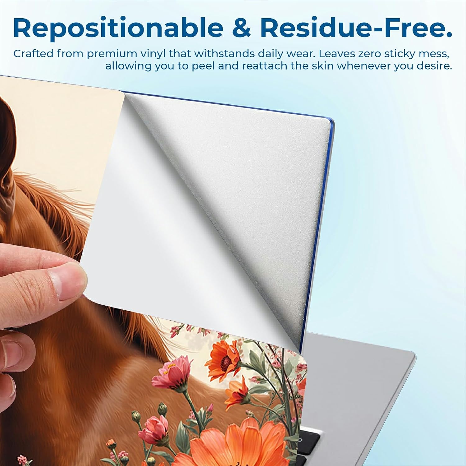 Reusable Universal Laptop Skin Sticker, Cut to Fit for 11.6–15.6 Inch Laptops, Waterproof Protective Film, No-Residue - Horse with Flowers