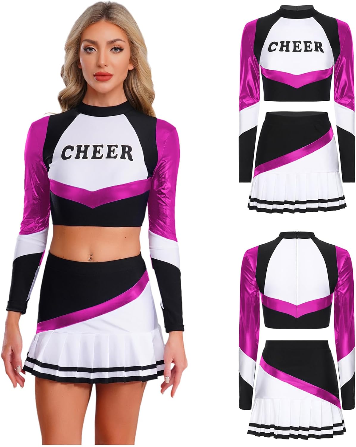 ACSUSS Womens Cheerleading Uniform Shiny Long Sleeve Crop Top and Pleated Miniskirt for Halloween