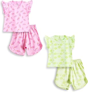 YUV Infant Baby Girls 100% Cotton Printed T-Shirt and Shorts Coord Set, Pack of 2-0 to 24 Months Price In India