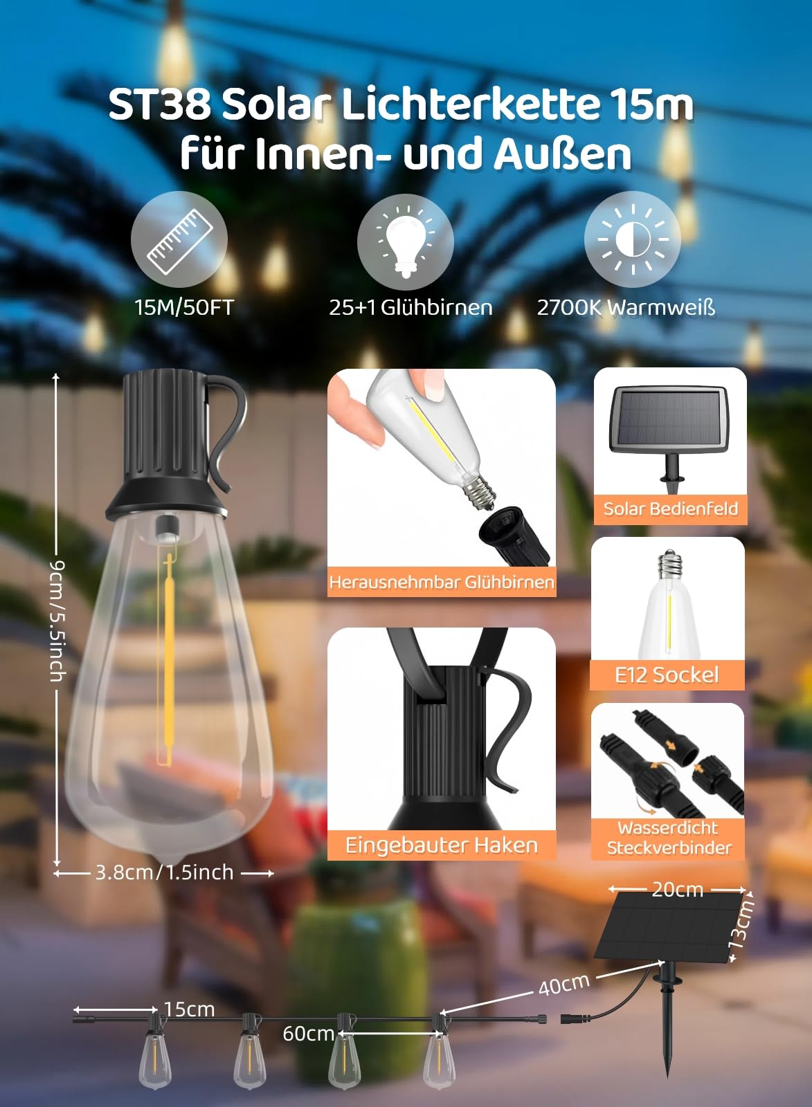 Gaoxun 50FT Solar/USB Outdoor String Lights with 25 Shatterproof LED Bulbs(1 Spares), Waterproof ST38 Patio Lights Dimmable with Remote, 3 Modes, Timer, for Backyard Garden Party, 2700K Warm White - 2
