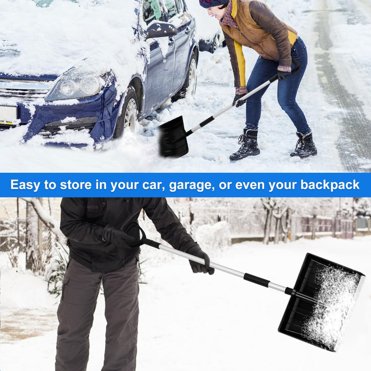 Yardwe Extended Aluminum Snow Shovel with Ergonomic D-Handle Portable Foldable Ice and Snow Remover Tool for Driveway Car Garden Camping and Road Use