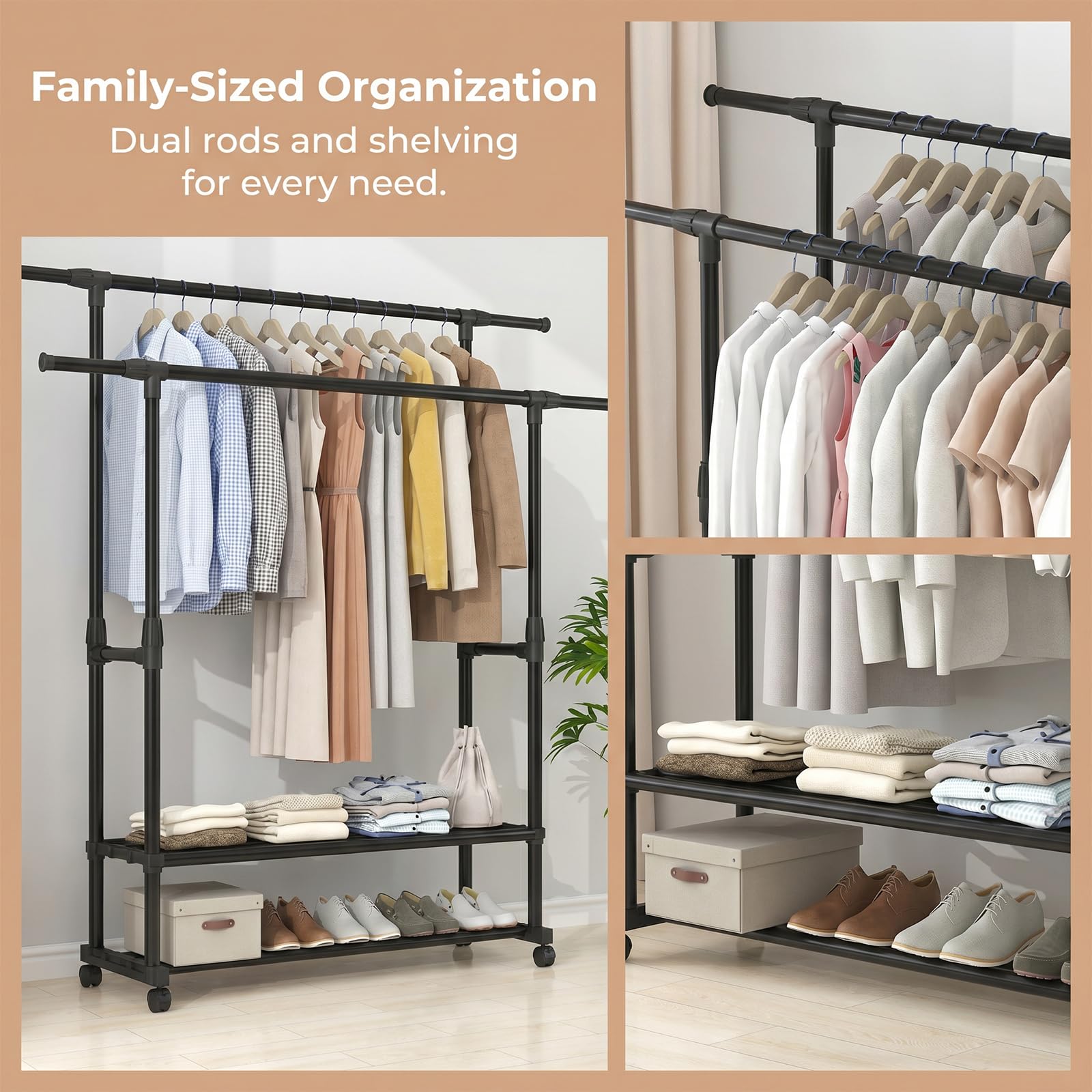 Appendiabiti da Terra con Ruote, Doppio Stand Appendiabiti Robusto in Metallo, Porta Abiti con 2 Ripiani per Scarpe Regolabile in Altezza per Camera da Letto Lavanderia Ingresso (90-150)x42x(95-155)cm