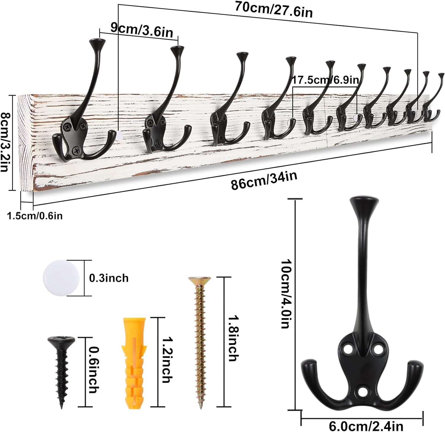 IBosins 34'' Coat Rack Wall Mount with 10 Tri-Hooks, Heavy Duty, Vintage White Color Wood Coat Hanger, Rustic Coat Hooks Rail for Entryway Living Room Coat Scarf Bag Towel Hat
