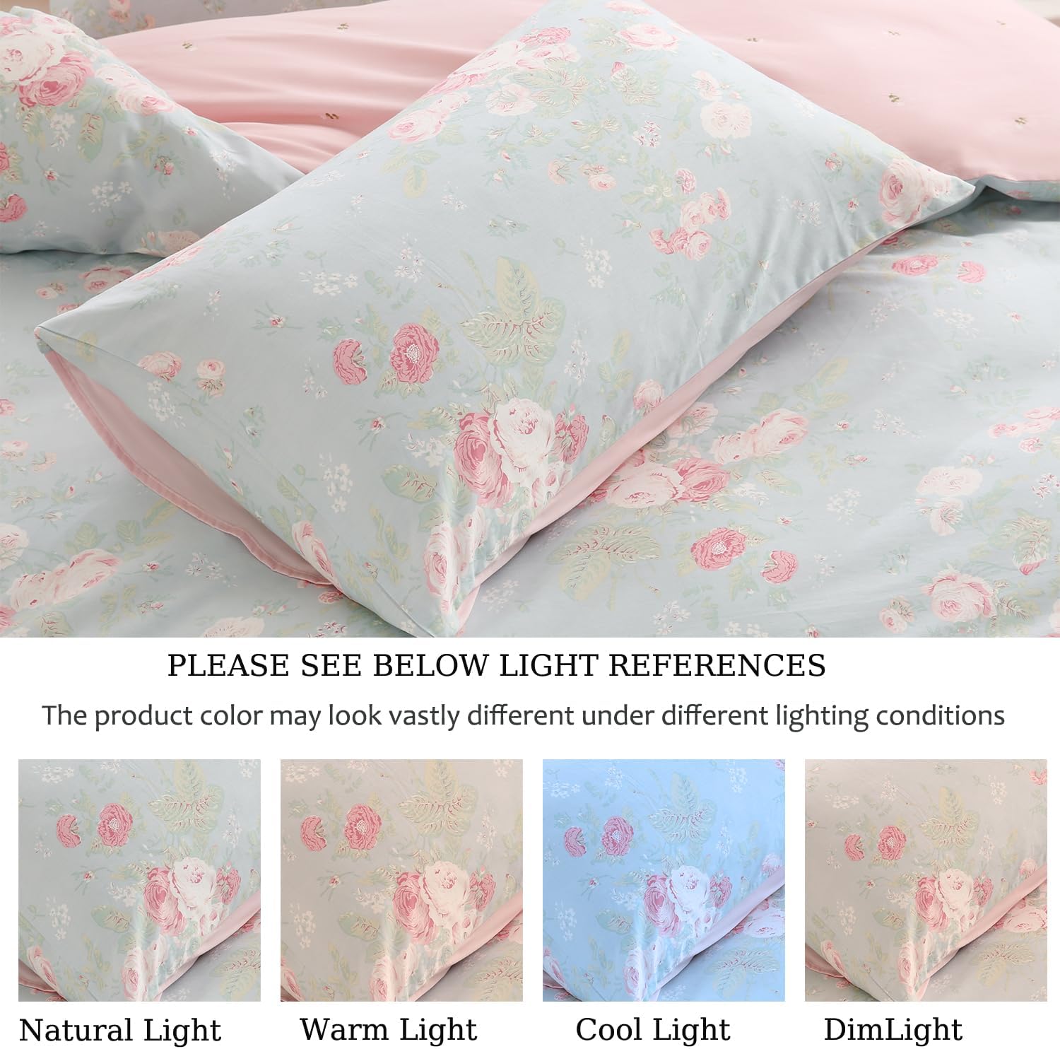 Zusbest Floral Duvet Cover King 100% Cotton Coquette Cottage Core Bedding Shabby -Chic Comforter Cover with Zipper, Soft Skin-Friendly Breathable, Blue Pink Rose Flower Print, 3 Pcs