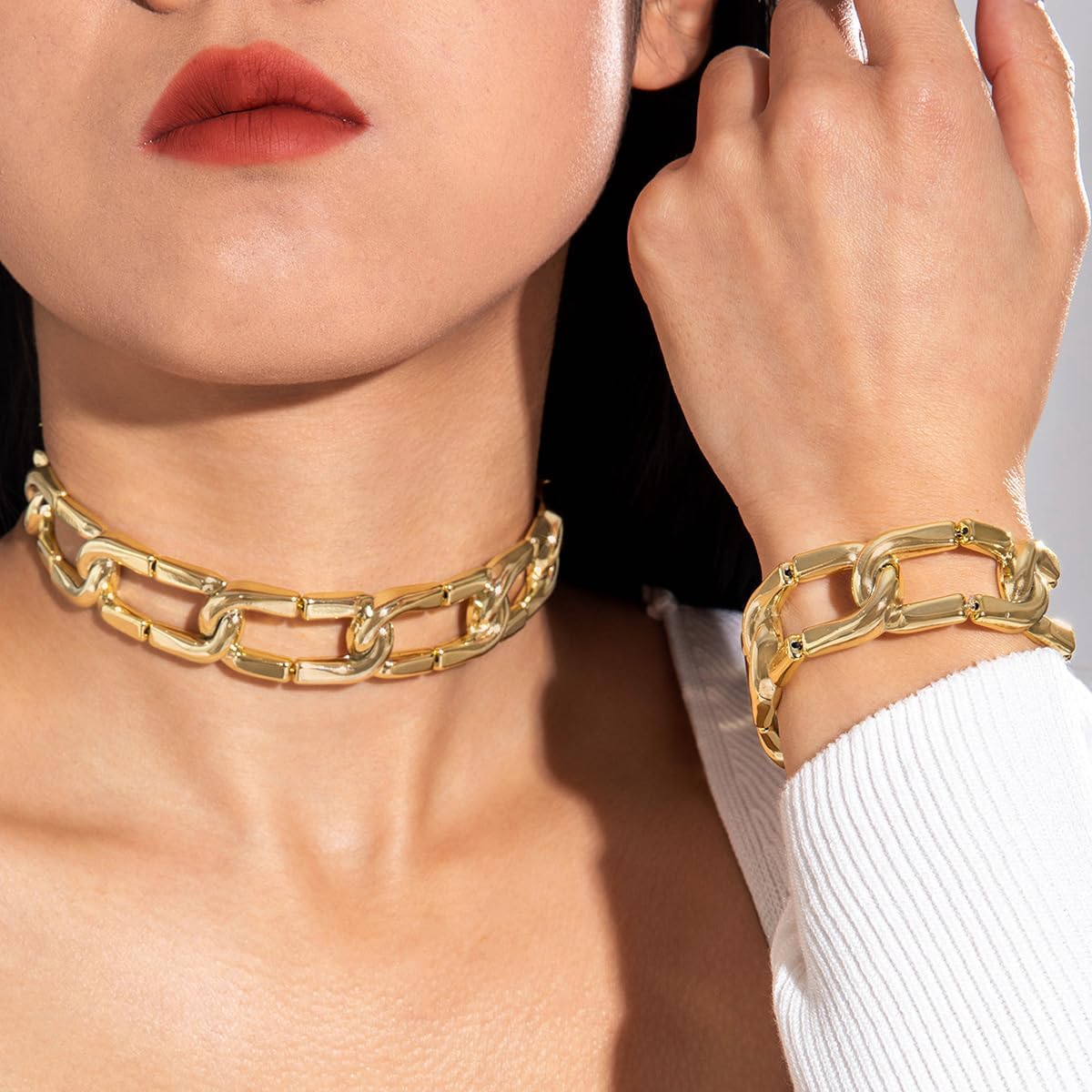 Gold Chunky Chain Necklace Bracelet Jewelry Set Thick Cuban Chain Link Choker Necklace Statement Wide Chains Cuff Bangle Bracelet Punk Geometric Jewelry - Image 2