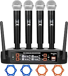 Kit 4 Microfone Sem Fio Profissional, Sistema de Microfone Sem Fio de 4 Canais, Microfone de Mão Dinâmico, Emparelhamento Automático