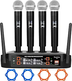 Kit 4 Microfone Sem Fio Profissional, Sistema de Microfone Sem Fio de 4 Canais, Microfone de Mão Dinâmico, Emparelhamento Automático