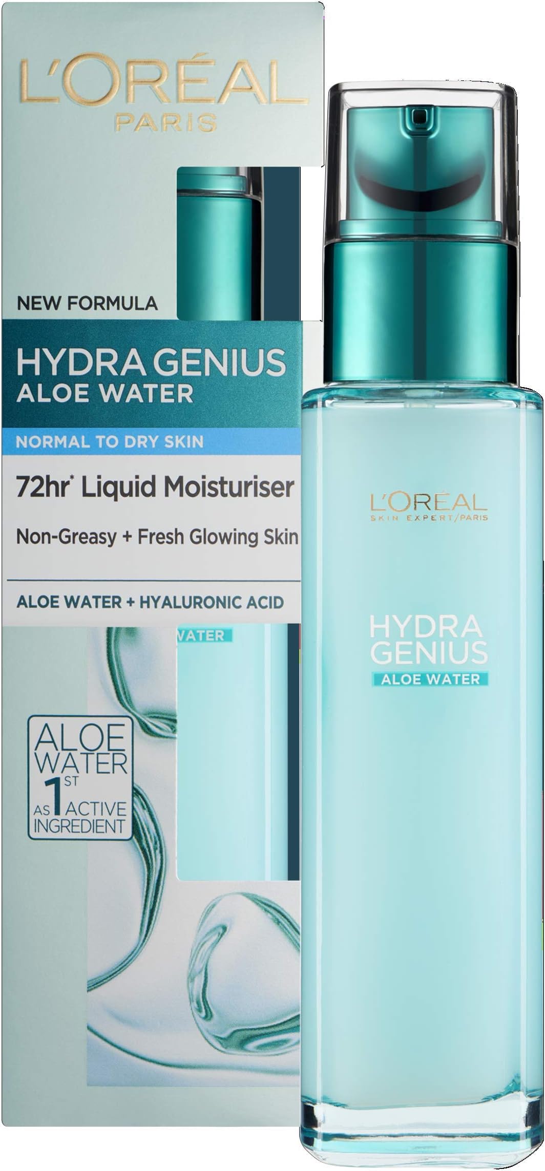 L’Oréal Paris Hydra Genius Aloe Water - Specifically designed for Dry Skin, Provides Intense Liquid Hydration for Glowing Skin, Lightweight Formula with Aloe Water & Hyaluronic Acid, 70ml