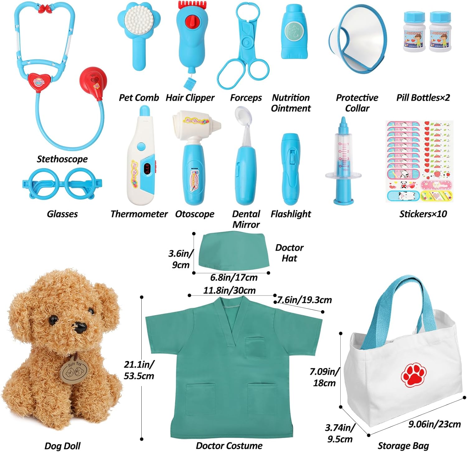Liberry Doctor Kit for Toddlers 3 4 5 6 Years Old, 28 Pcs Kids Doctor Playset with Dog Toy, Stethoscope and Dress Up Costume, Pretend Play Medical Christmas Gift for Boys Girls (Blue)