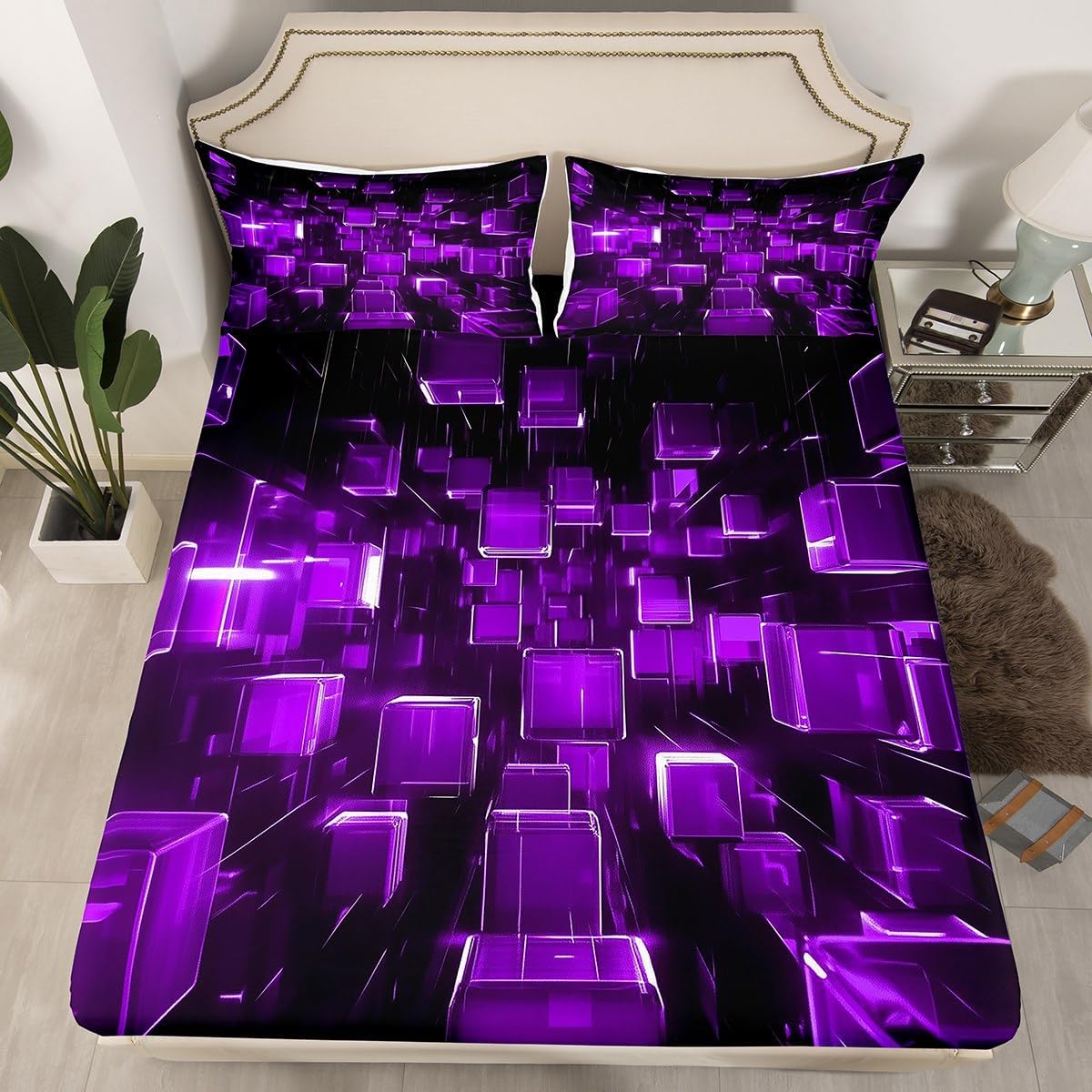 3D Red Grid Fitted Sheet Twin Size,Abstract Geometric Plaid Print Bedding Sets for Kids Teens Adults,Modern Simple Style Decor Bed Cover with 1 Pillowcase(No Flat Sheet)