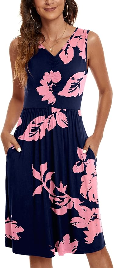 NILOUFO Womens Summer Casual Sleeveless V Neck Midi Dress with Pockets
