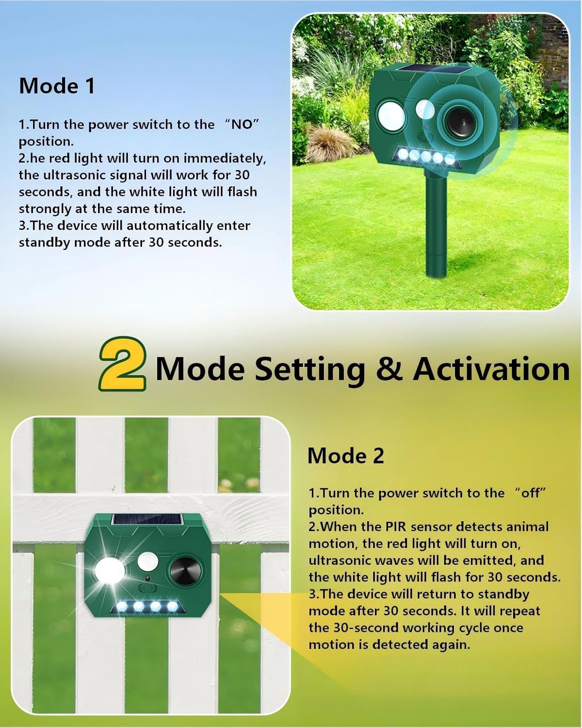 Solar Ultrasonic Animal Repellent Outdoor, 2 Pack Cat Repellent Outdoor Deer Repellent Devices with PIR Motion Sensor ＆ LED Flash, Waterproof Squirrel Repeller, Cat, Raccoons, Rabbits, Deer, Skunk