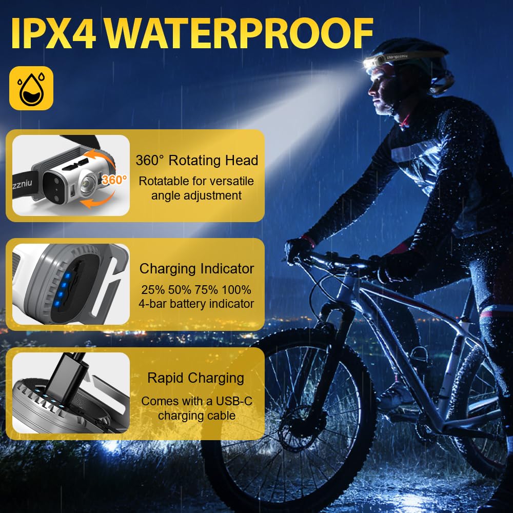 LED-Stirnlampe, wiederaufladbar, Typ C, 2 Stück, superhelle Kopflampen, 8 Modi, Clip-on-Kopf, leicht, IPX4, wasserdicht, für Radfahren, Laufen, Camping, für Kinder und Erwachsene