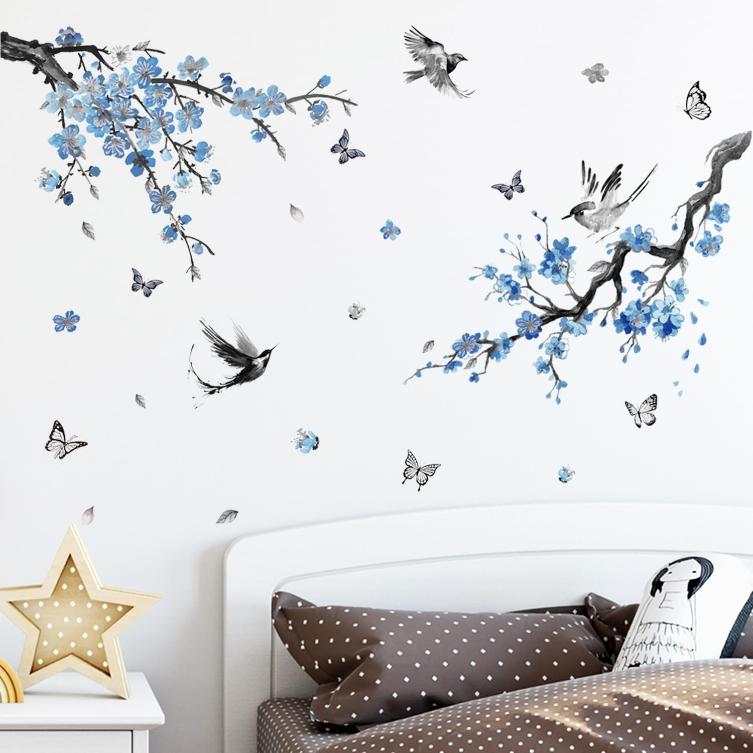 Watercolor Large Blue Cherry Blossom Tree Branch Wall Decals Blue Floral Birds Butterfly Wall Stickers for Living Room Bedroom TV Sofa Brackground Wall Decor