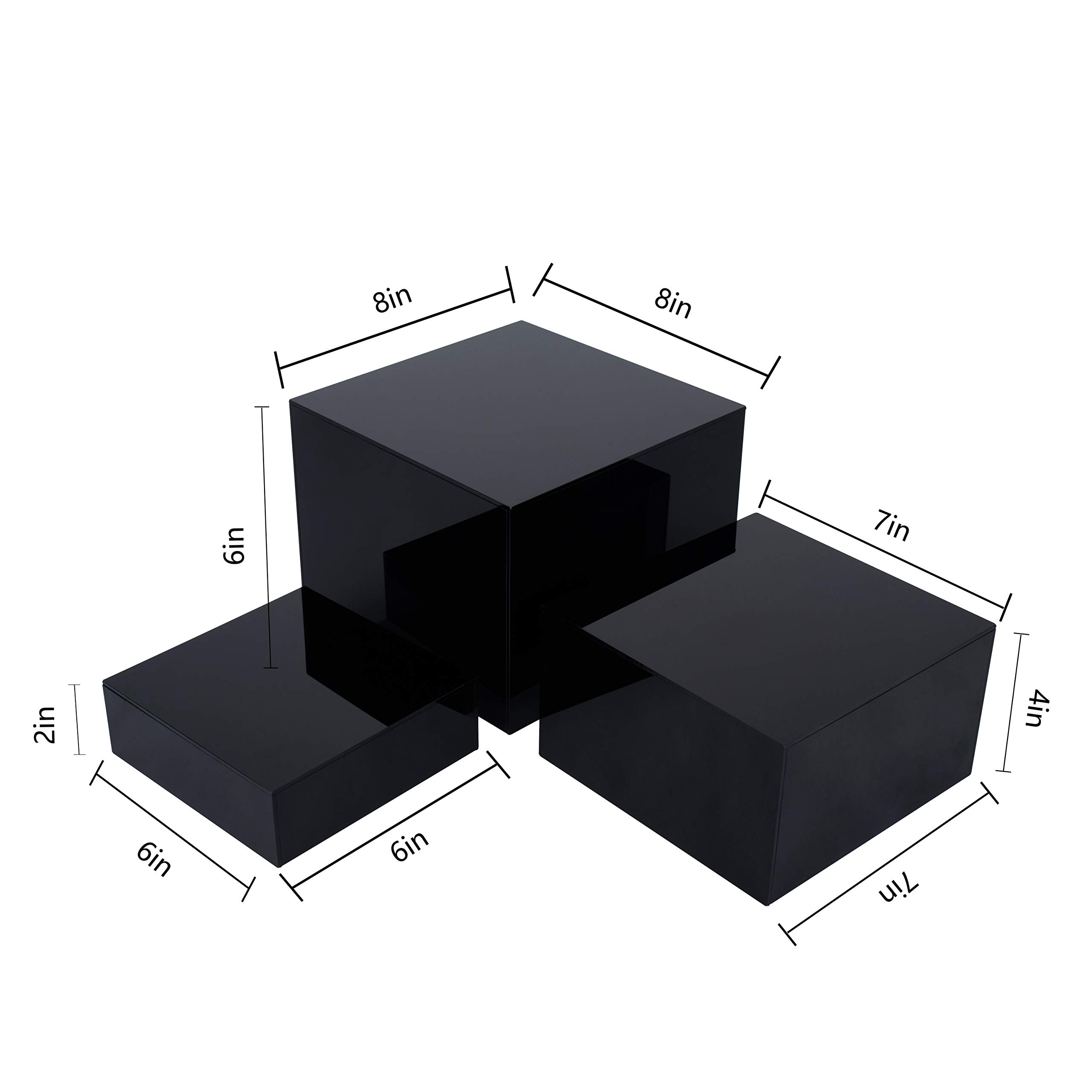 2 Sets of 3 Glossy Black Acrylic Cube Display Nesting Risers with Hollow Bottoms
