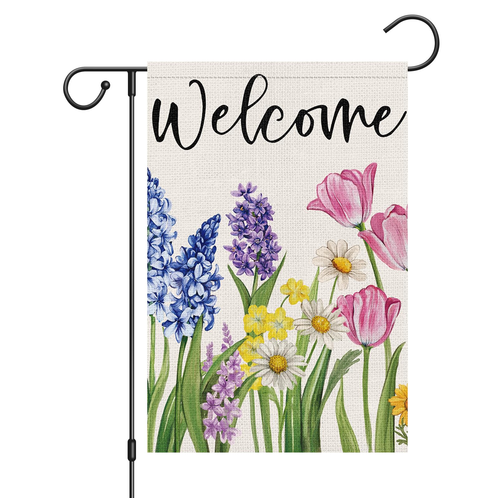 Wodison Spring Flowers Garden Flag Double Sided 12x18 Inch, Burlap Floral Welcome Spring Summer Flag Vertical Seasonal Farmhouse Yard Outdoor