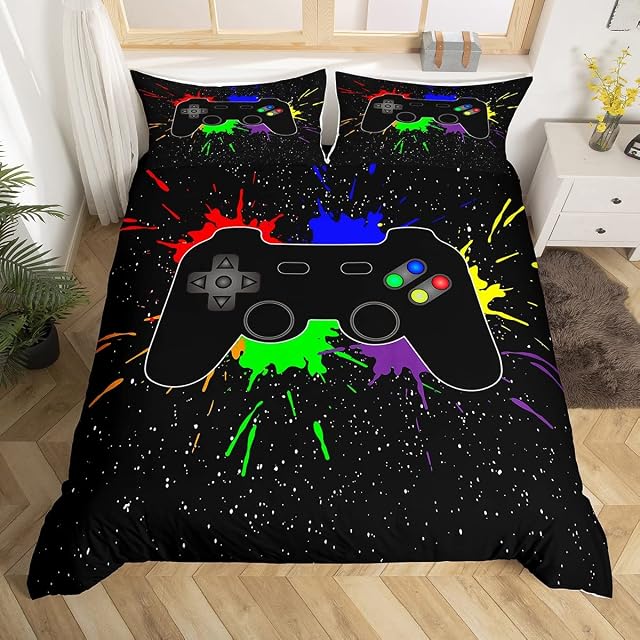 Gamepad Duvet Cover Boys Video Game Bedding Set Single For Kids Teens Children Bedroom Decor Modern Gamer Gaming Controller Comforter Cover Soft Youth Games Colorful Tie Dye Bedspread Cover