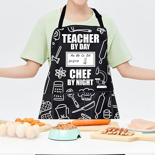 Miniatura 7 de Delantal para profesores con bolsillos, regalo para profesores culinarios de día, chef de noche, impermeable, ajustable, delantal de chef