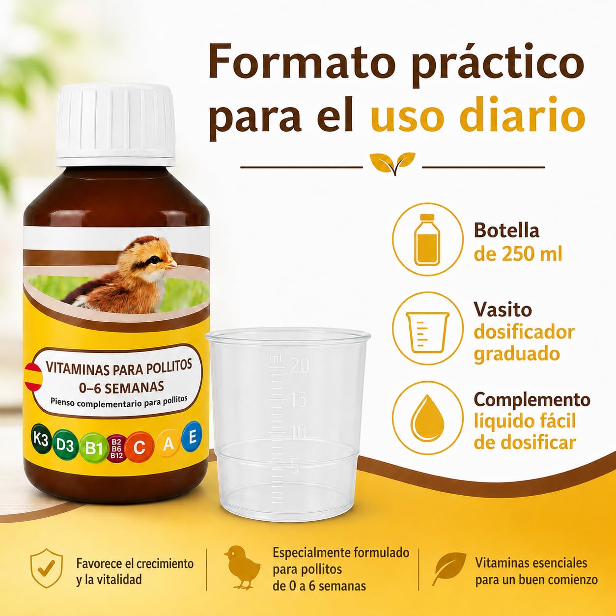 ANI’Nat Multivitaminas para Pollitos 250 ml – Pienso Complementario Líquido para Pollitos 0–6 Semanas – Vitaminas, Betaína y Aminoácidos – para Inicio, Crecimiento y Vitalidad – para Diluir en el Agua
