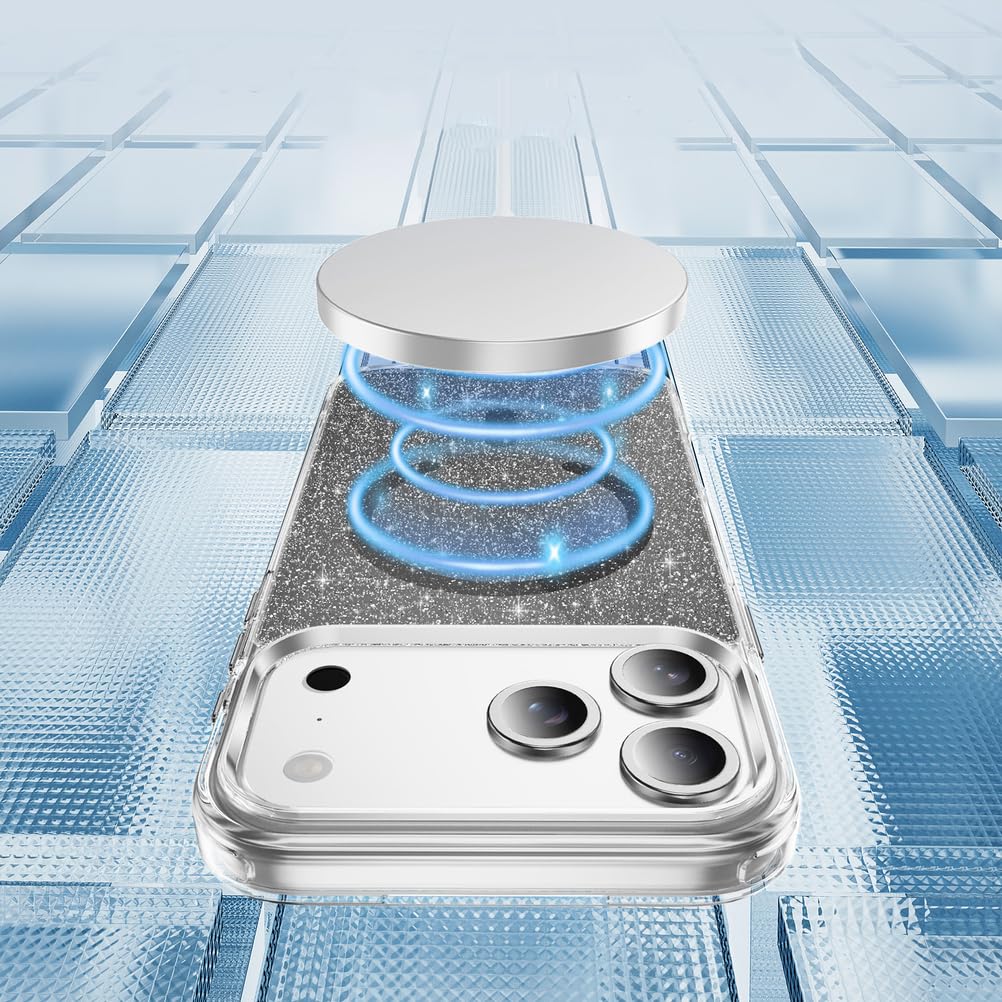 Magnetisch Hülle für iPhone 17 Pro Max/17 Pro/17 Air/17, Dünne Glitzer rutschfeste Schutzhülle Unterstützt Drahtloses Aufladen Handyhülle,Schwarz,17 Pro