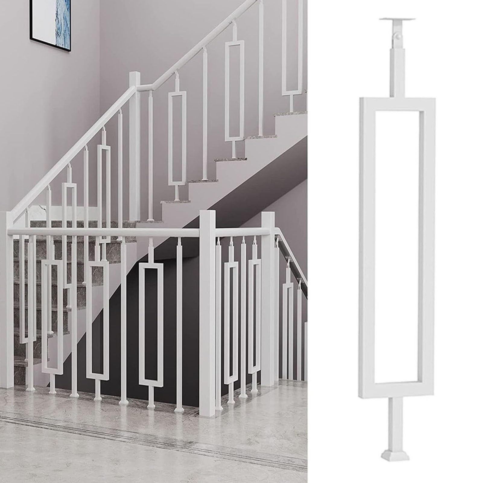 JOUFNING Stairs Handrail - Single Rectangle Armrest Guardrail, Gold Metal Spindles Stair Balusters Post, Column Spindle with Adjustable 270° Angle Bracket, for Deck Loft(White,85cm/33.5in)