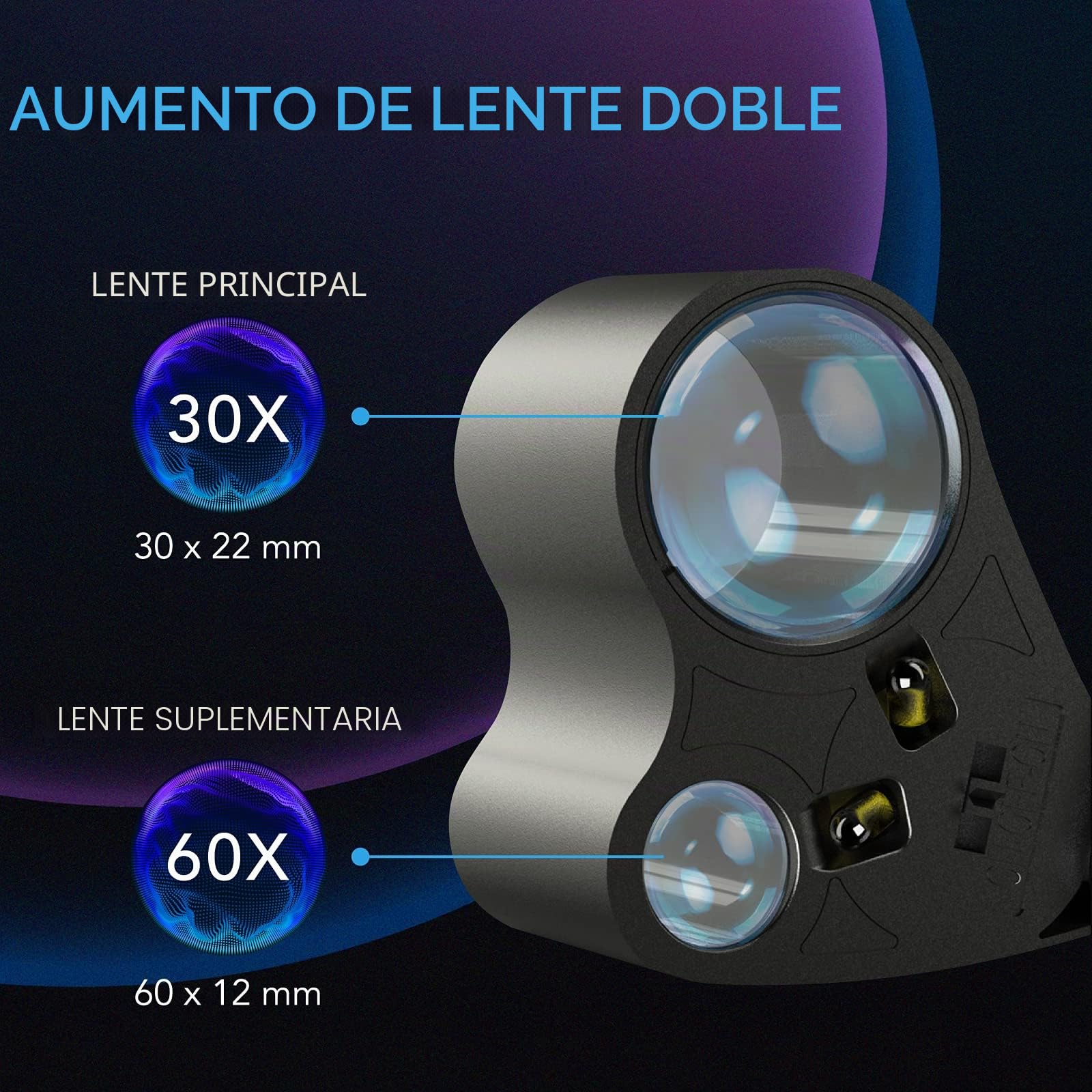 AC Infinity Jewelers Lupa, lupa de bolsillo con luz LED y lentes duales, zoom de 30 x 60 x para joyas, relojes, monedas, sellos, brotes de plantas