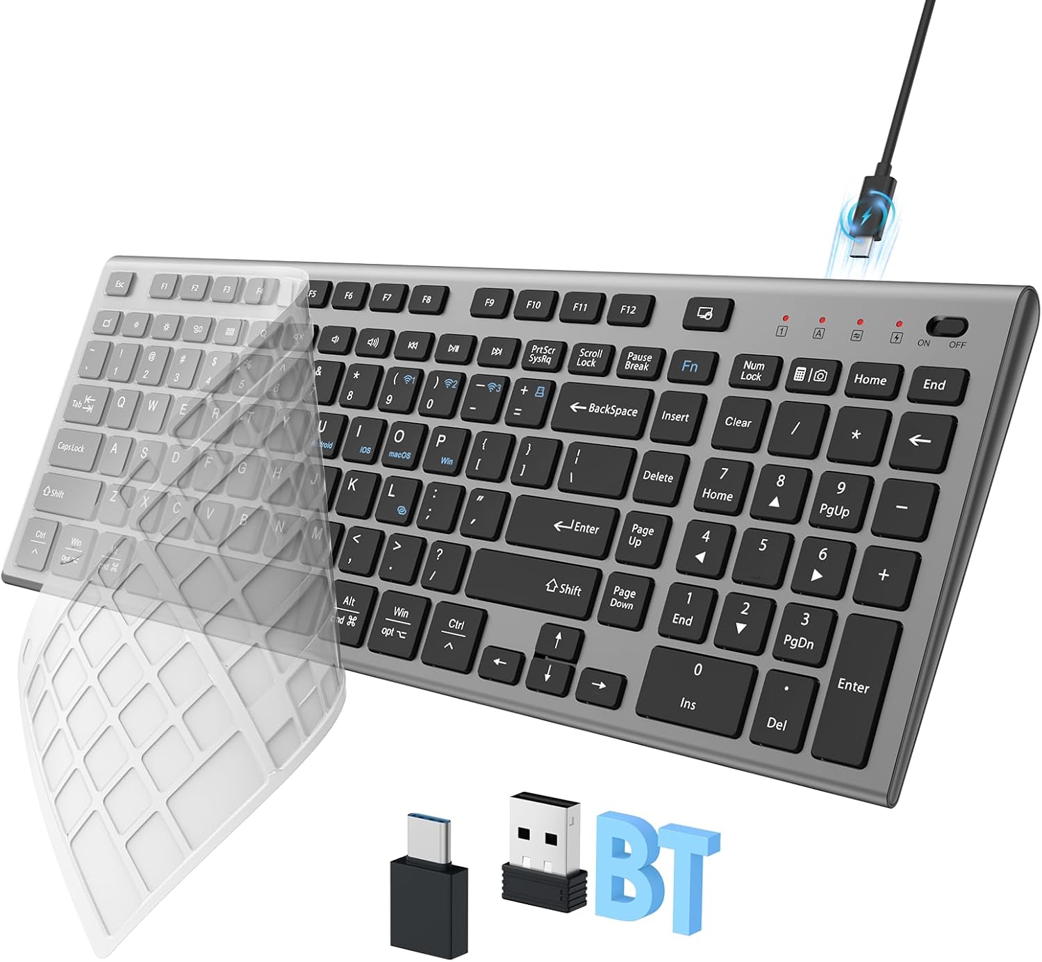 FENIFOX Wireless Keyboard, Bluetooth & 2.4G USB & USB-C Rechargeable Silent Ultra Quiet Low Profile Compact Full Size with Number Pad Soft Multi Device for Mac MacBook Windows PC – Black & Grey