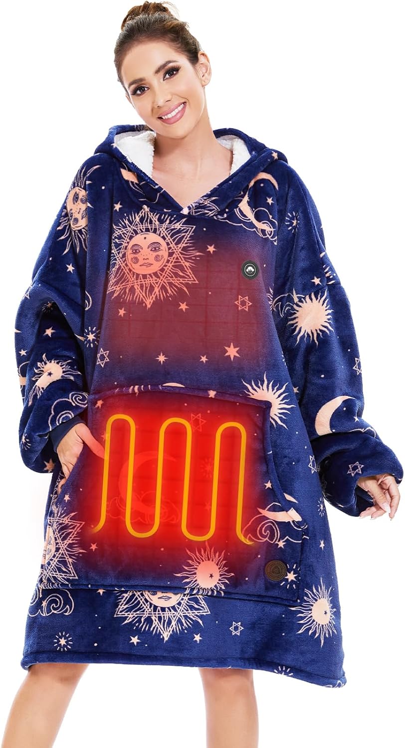 THREE POODLE Heated Wearable Blanket Hoodie, Oversized Sherpa Electric Hoodie Blanket, Gifts for Women(Battery Not Included)