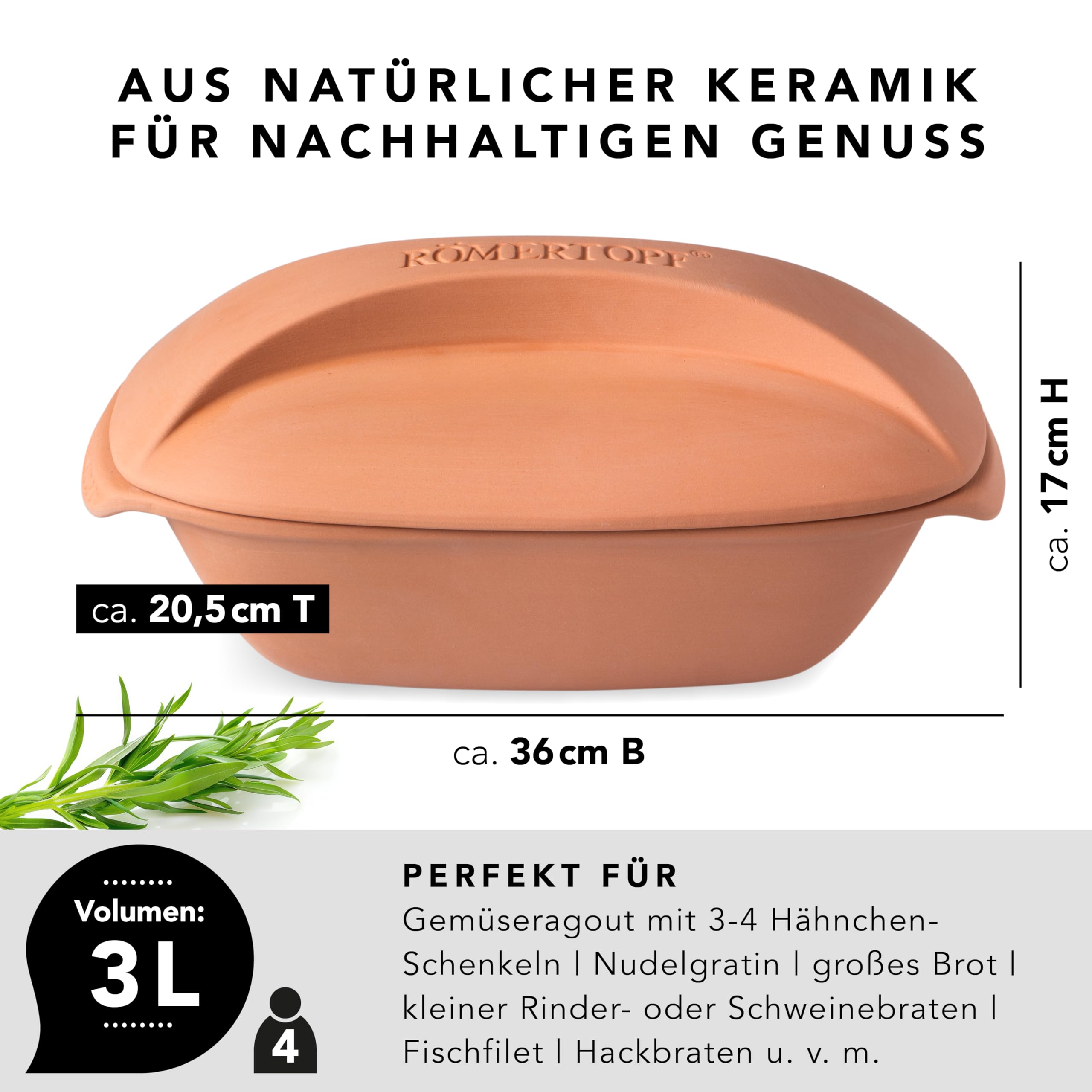 Römertopf Tegame in Terracotta Naturale 3 Litri con Coperchio – Pentola da Forno per Arrosti e Stufati, Cottura Sana senza Grassi, Terracotta, dal 1967