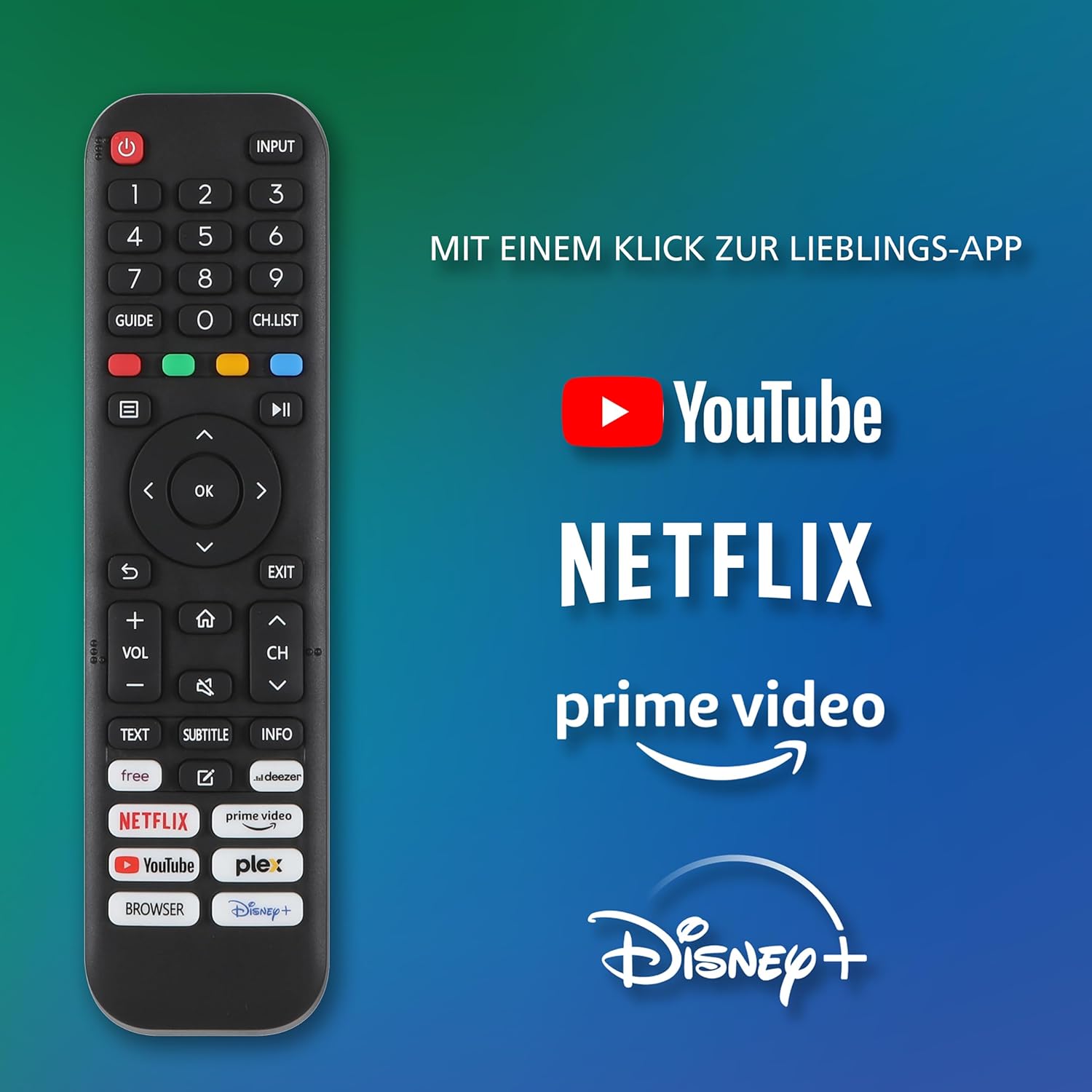 Image of the Telefunken Smart TV remote control, highlighting dedicated buttons for popular streaming services like YouTube, Netflix, Prime Video, and Disney+, along with standard navigation, volume, channel, and input controls.