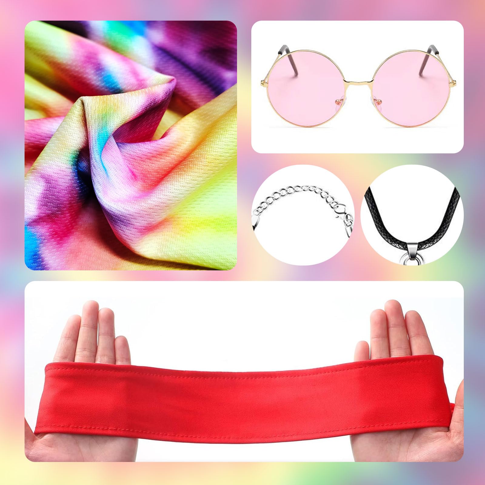 SAIIURV 4 Pcs Hippie Costumes T-Shirt Sunglasses Peace Necklace Headband, Mens & Womens Pop Hippie 70s Disco - Image 4
