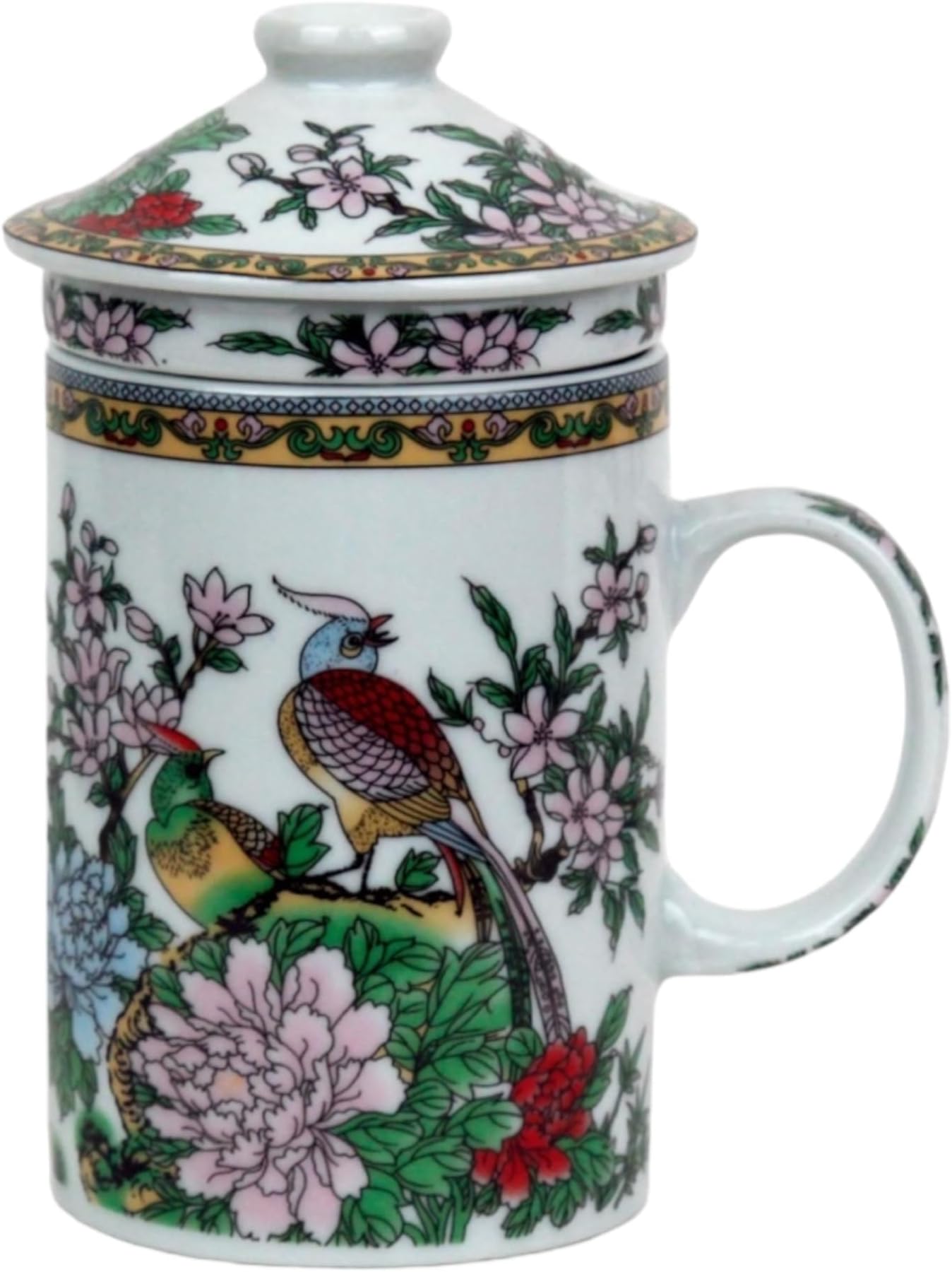 Ceramic Tea Cup with Lid + Strainer for Loose Tea with Asian Motif (Bird in Magnolia, 046) Japanese Chinese Cup for Tea Lovers, Porcelain Coffee Gift Set Asia Mug Oaterl