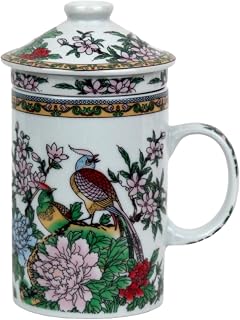 Ceramic Tea Cup with Lid + Loose Tea Strainer with Asian Motif (Bird Magnolia 046) Japanese Chinese Tea Cup for Tea Lover, Porcelain Coffee Gift Set Asia Asia Cup Oats