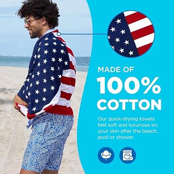 BEN KAUFMAN SALES CO Printed Beach Towel Set - Oversized Beach Towel for Kids - Quick-Dry & Soft Cotton with Printed Design - Luxury for Swimming - 30 x 60, American Flag/100 Dollar Bill (Pack of 2)