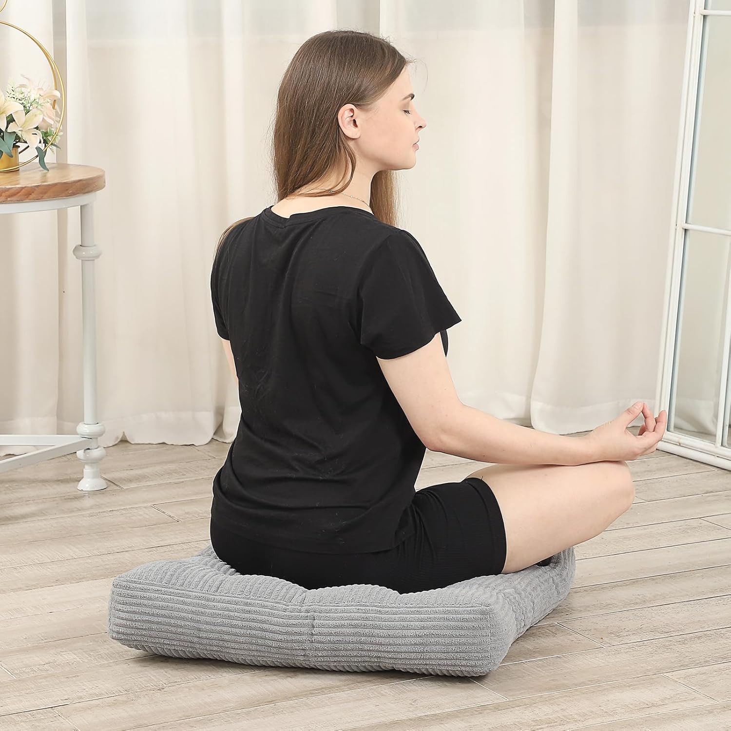 LOVMOC 22 inches Meditation Pillow, Square Large Floor Cushions for Adults, Thick Corduroy Floor Pillows for Sitting, Yoga, Living Room, Sofa, Tatami, LightGrey